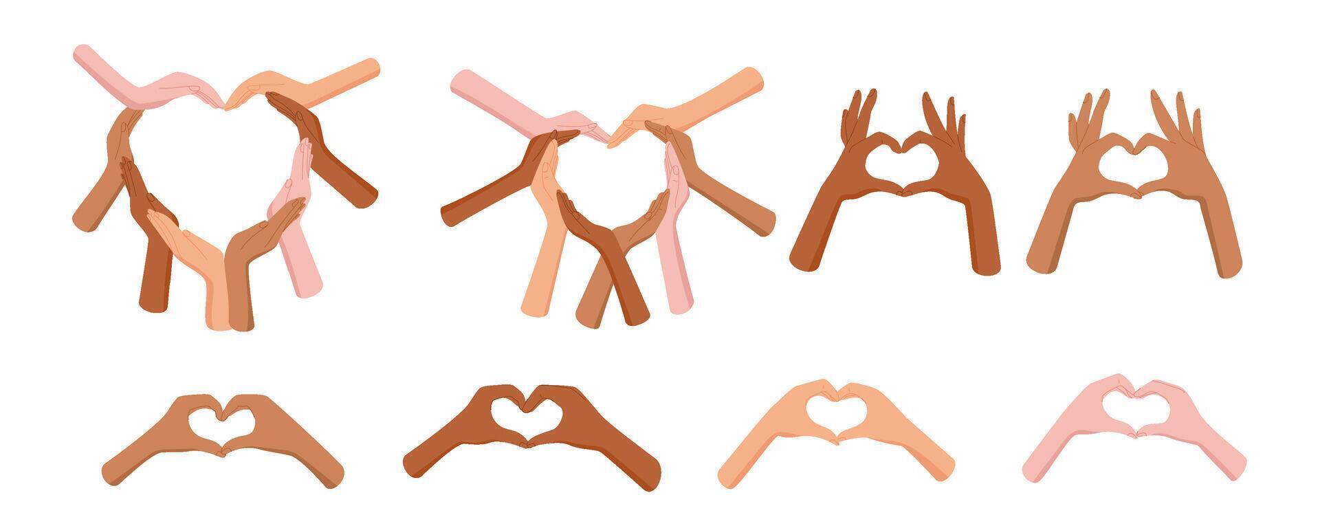 Flat set of heart gestures by diverse hands. Multicultural hand shapes forming heart symbols express love, solidarity, and allyship. Suitable for posters with themes of community or equality, vibrant vector