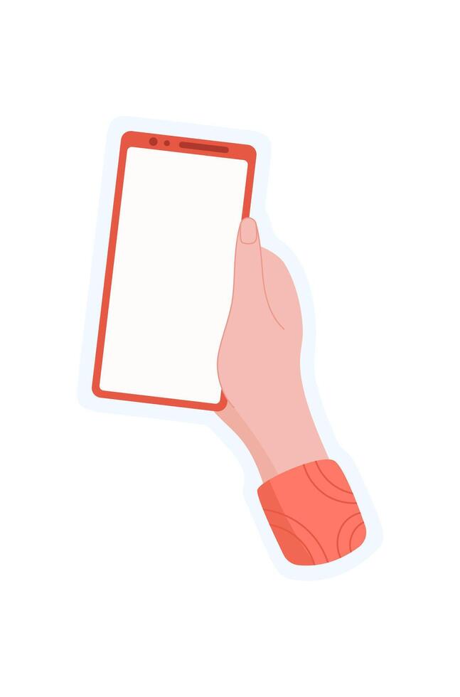 Hand hold smartphone sticker. User gesture with mobile device. Communication concept with flat template, suitable for application usage. Visual representation of digital interaction and technology. vector