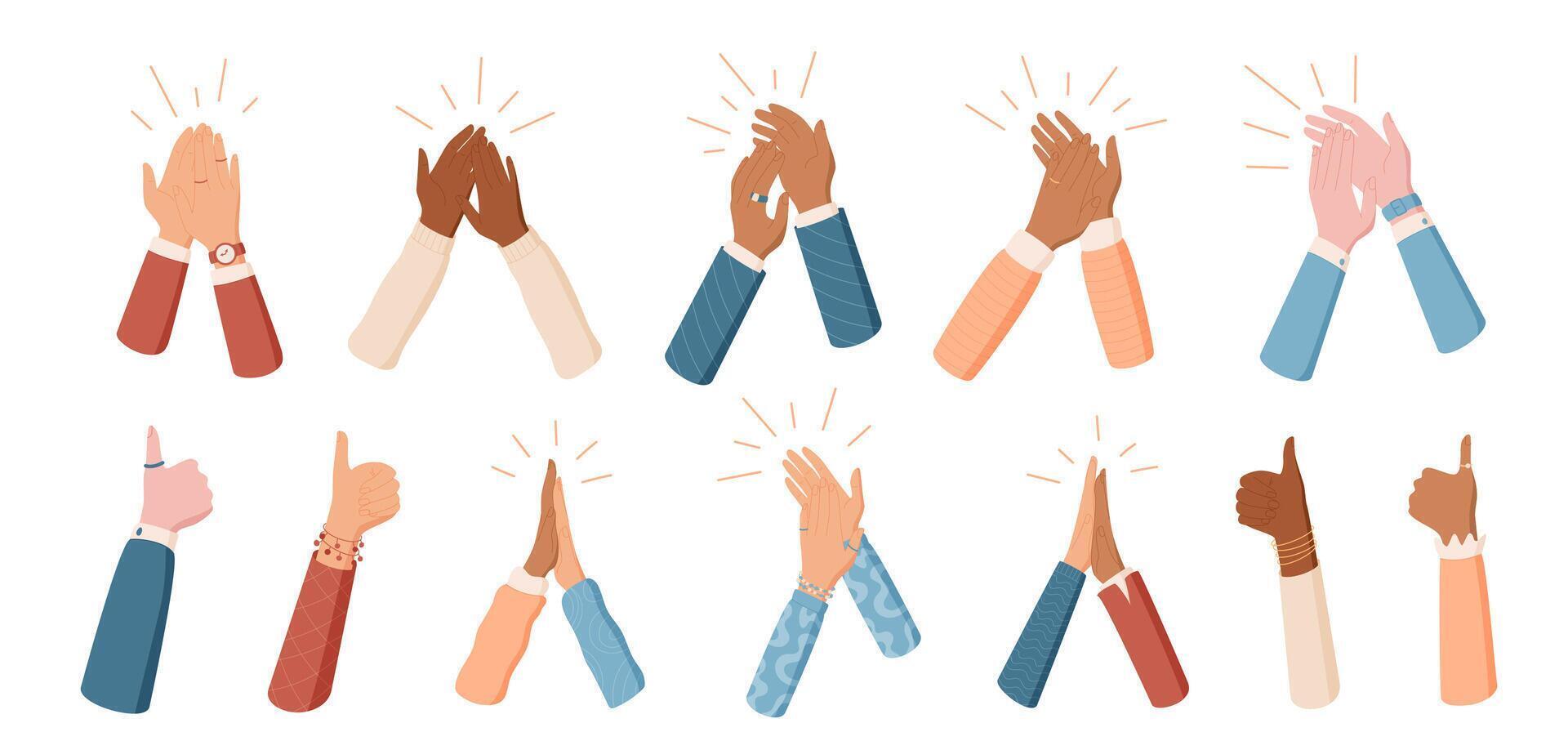 Set of flat hands clapping in group celebration. Applaud actions show gesture of support and unity. Cartoon art concept highlights people together, ideal for teamwork or cheerful moments. vector