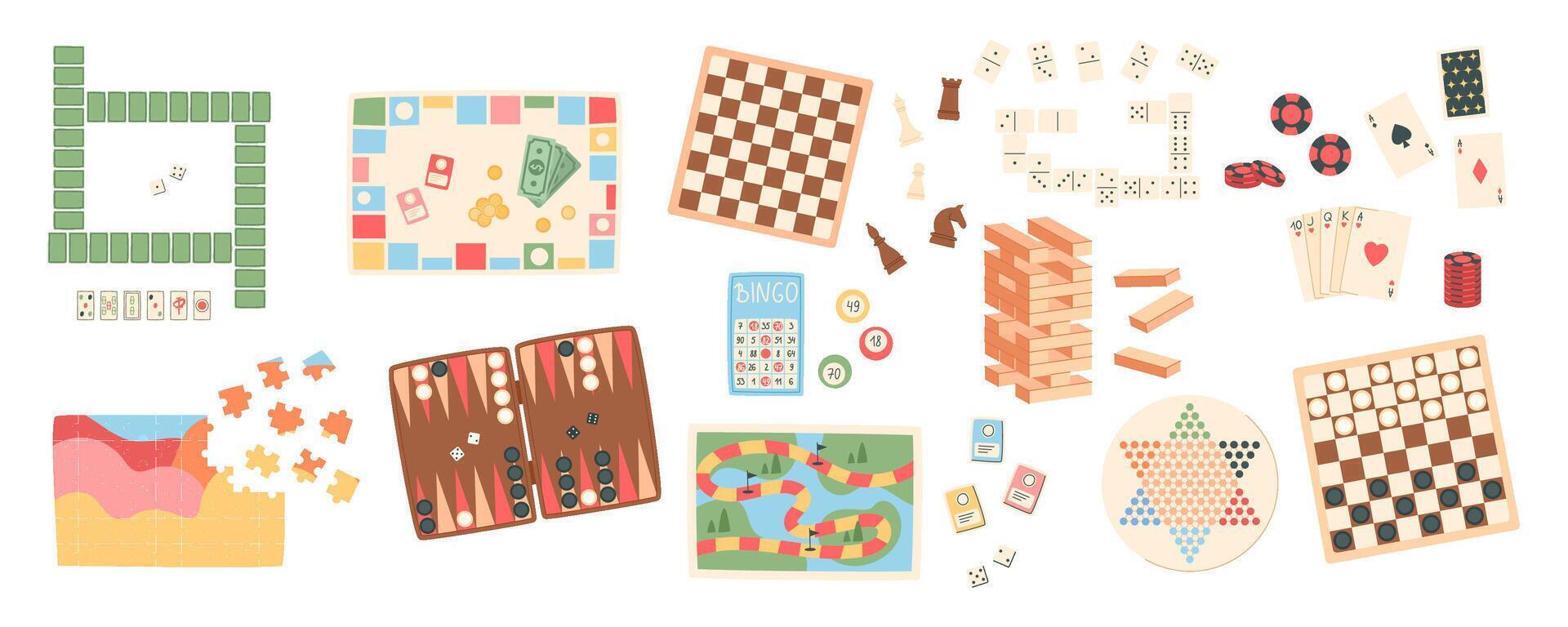 Flat collection of board game set. Boardgame selection with chess, poker, domino, jenga, and bingo pieces. Fun puzzles for family and children at home or parties, playful graphic. vector