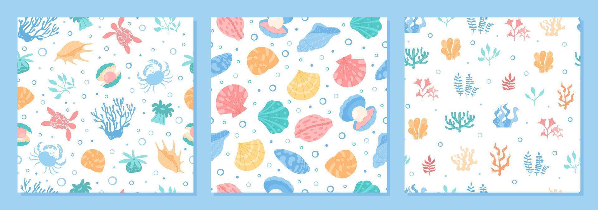 Underwater seamless pattern set with marine details. Vibrant coral, plant, reef, and aquatic life in a cartoon graphic style. Perfect background for sea or summer themes. vector