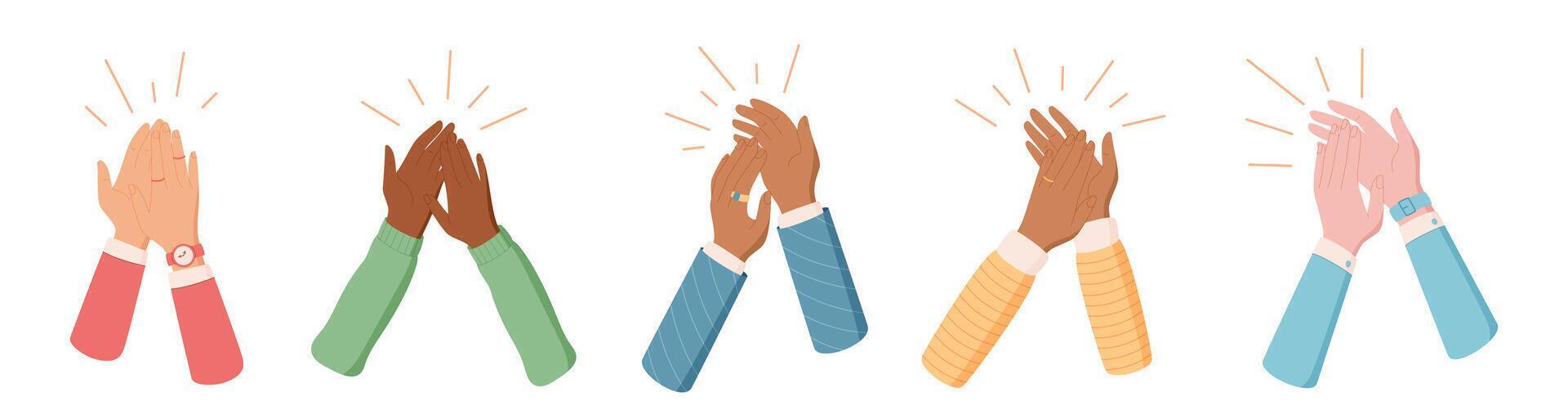 Diverse cartoon hands in applause and cheer set. Set of colorful clapping gestures symbolizing celebration and solidarity. Unity through human connection positive energy. Creative symbol for group vector