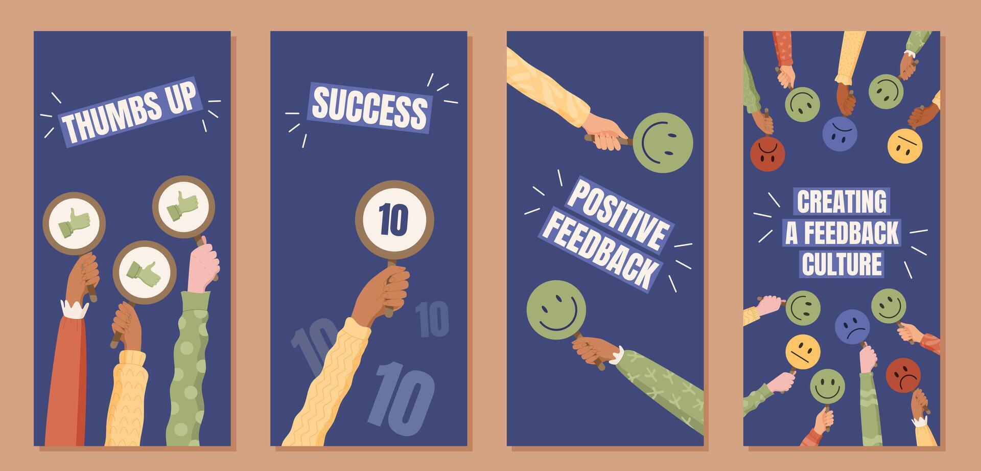 Positive feedback media stories set with cartoon hands. Review and survey concepts for customer satisfaction. Social media poster style, marketing and communication visuals, modern design. vector