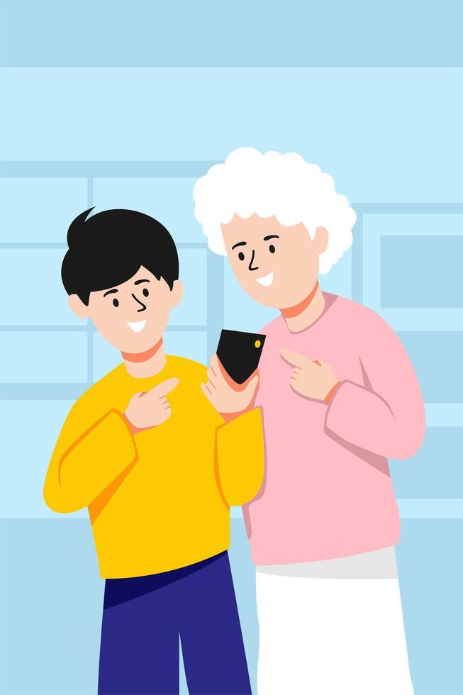 An elderly woman and a young boy looking at a cell phone vector