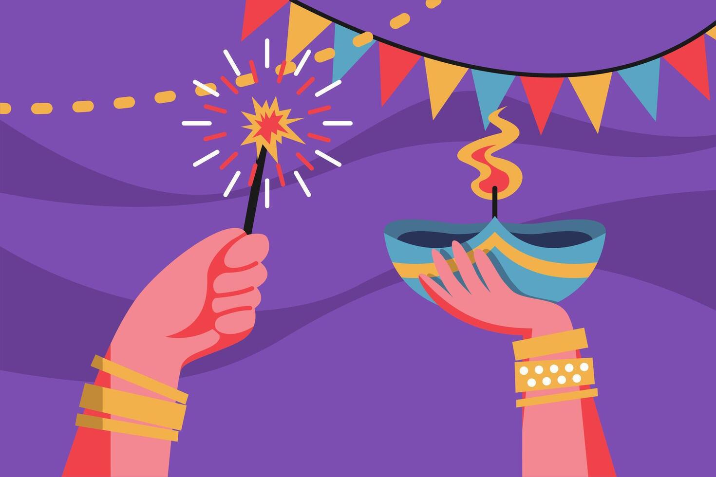 Diwali celebration with hands holding diya and fireworks vector