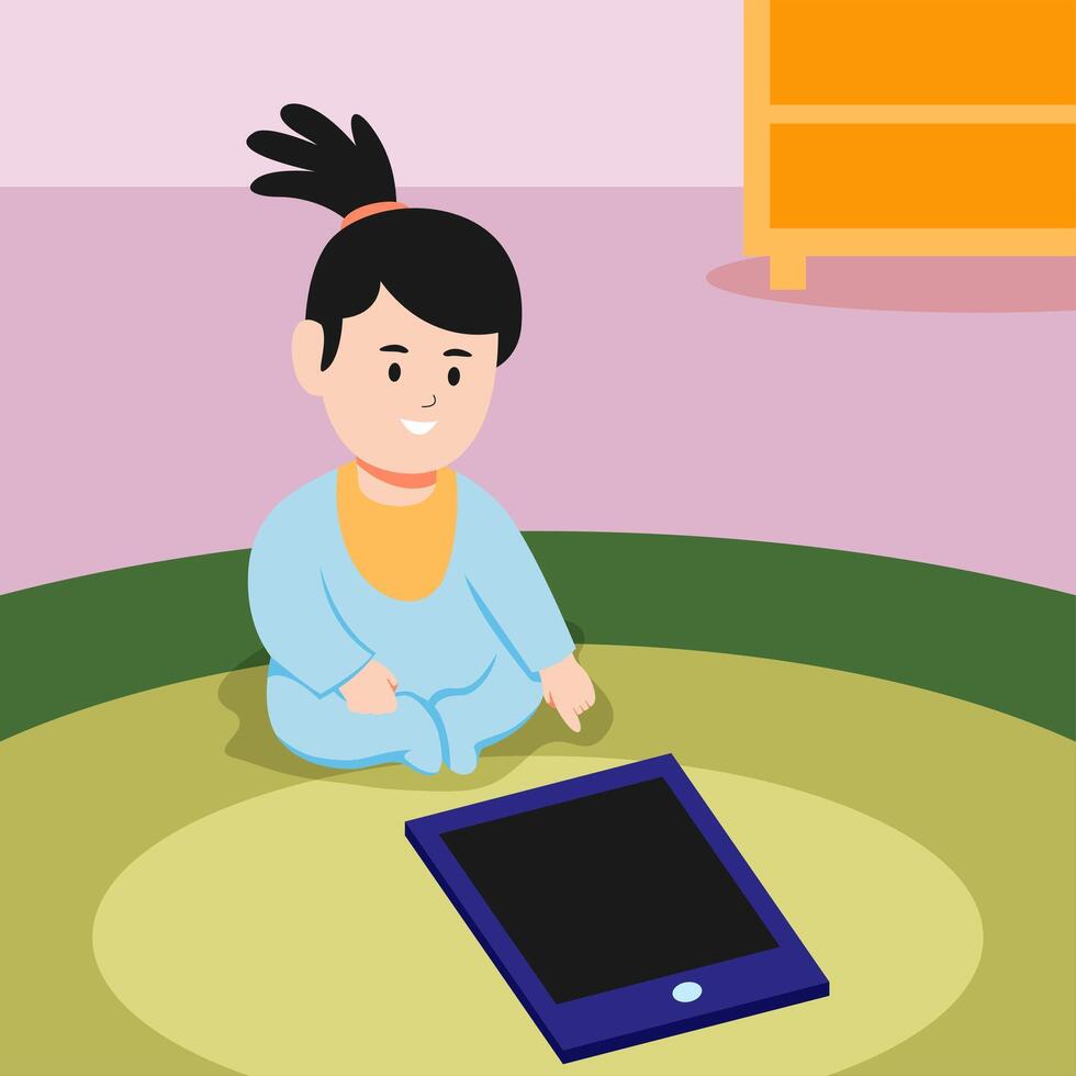 A little girl sitting on the floor with a tablet vector