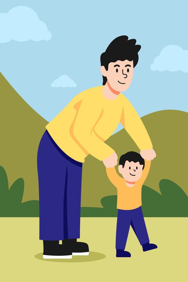 Father and son walking in the park illustration vector