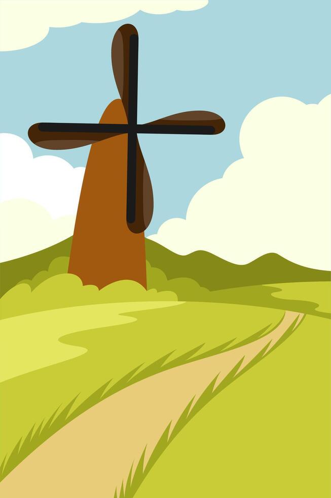 A cartoon illustration of a windmill in the countryside vector