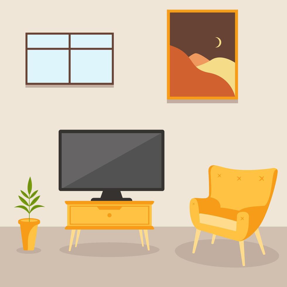 A living room with a chair, tv, and a plant vector