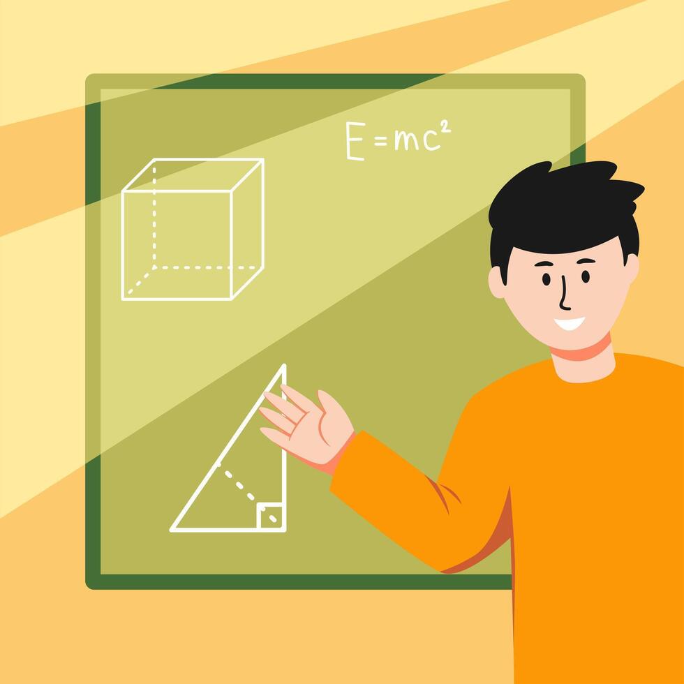 A man is standing in front of a blackboard with a cube on it vector