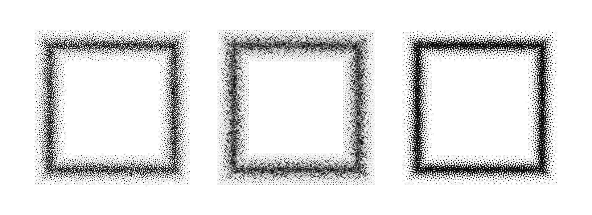 Black stippled square frame set. Dotted gradient border collection. Square picture holders for banner, copy space, collage, emblem, poster, template, box. Stipple frame element bundle vector
