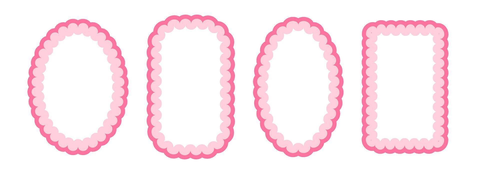 Cute frill pattern frame set. Pink scalloped ellipse and rectangle border collection. Soft wavy lace edge shape in rococo style for decoration, poster, banner. Girly coquette element pack. vector