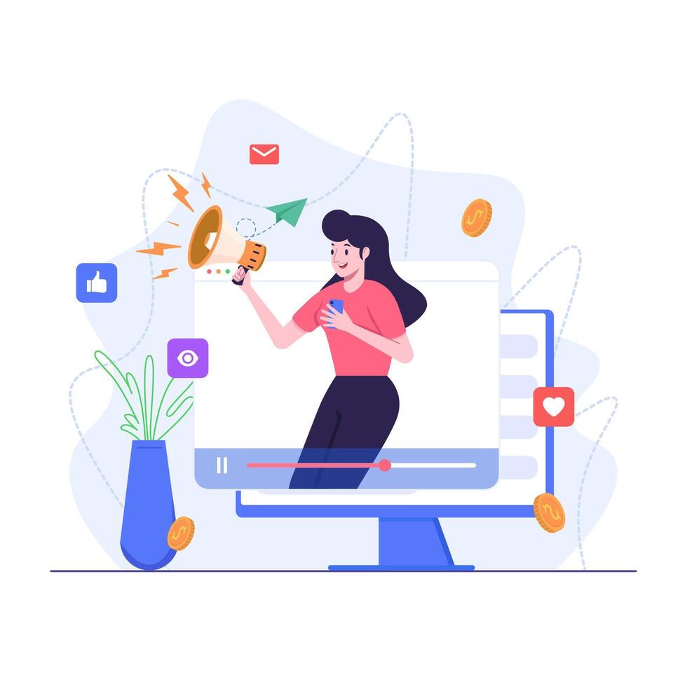 Woman doing videos marketing via desktop vector