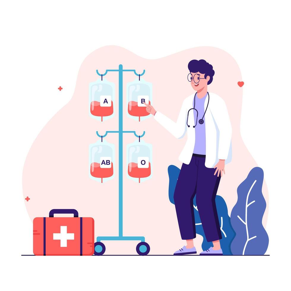 Doctor stands next blood bag with label different blood group A, B, O and Rh system vector