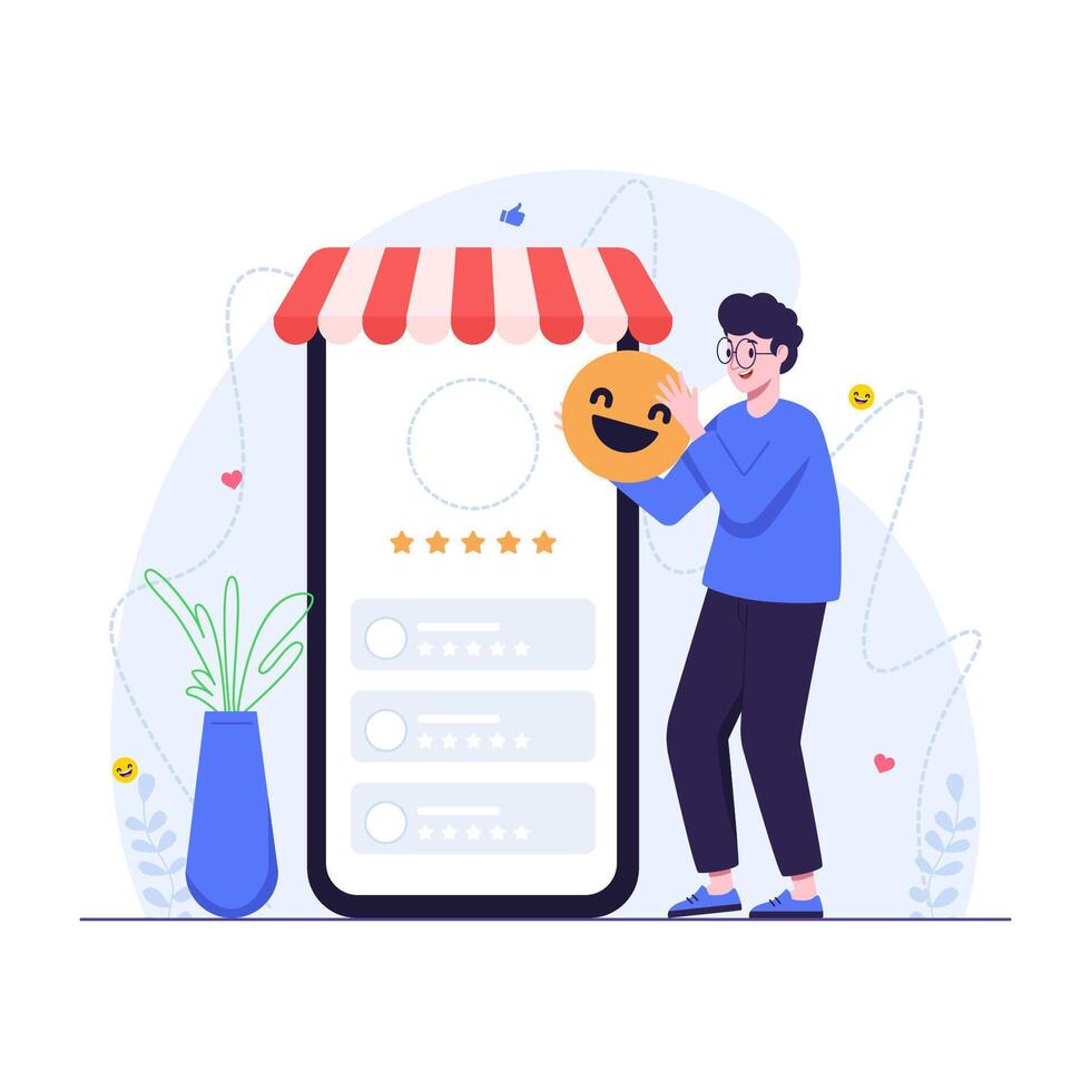 Customer provide happy emoji and five stars rating vector