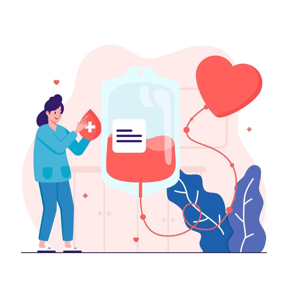 The nurse donates her blood to the blood bag and transfuses it to the heart vector