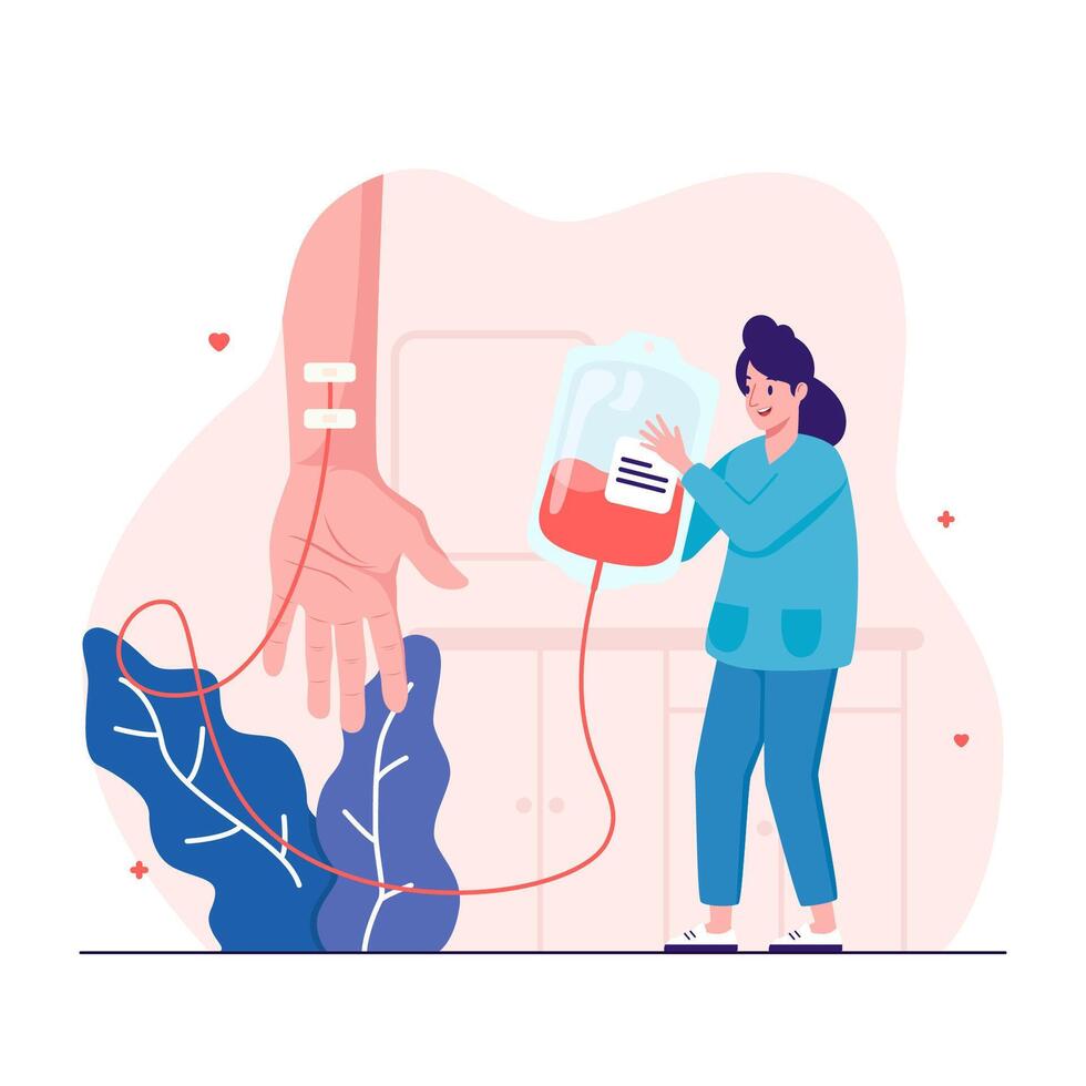Nurse monitors blood transfusion from human hand into plastic container vector