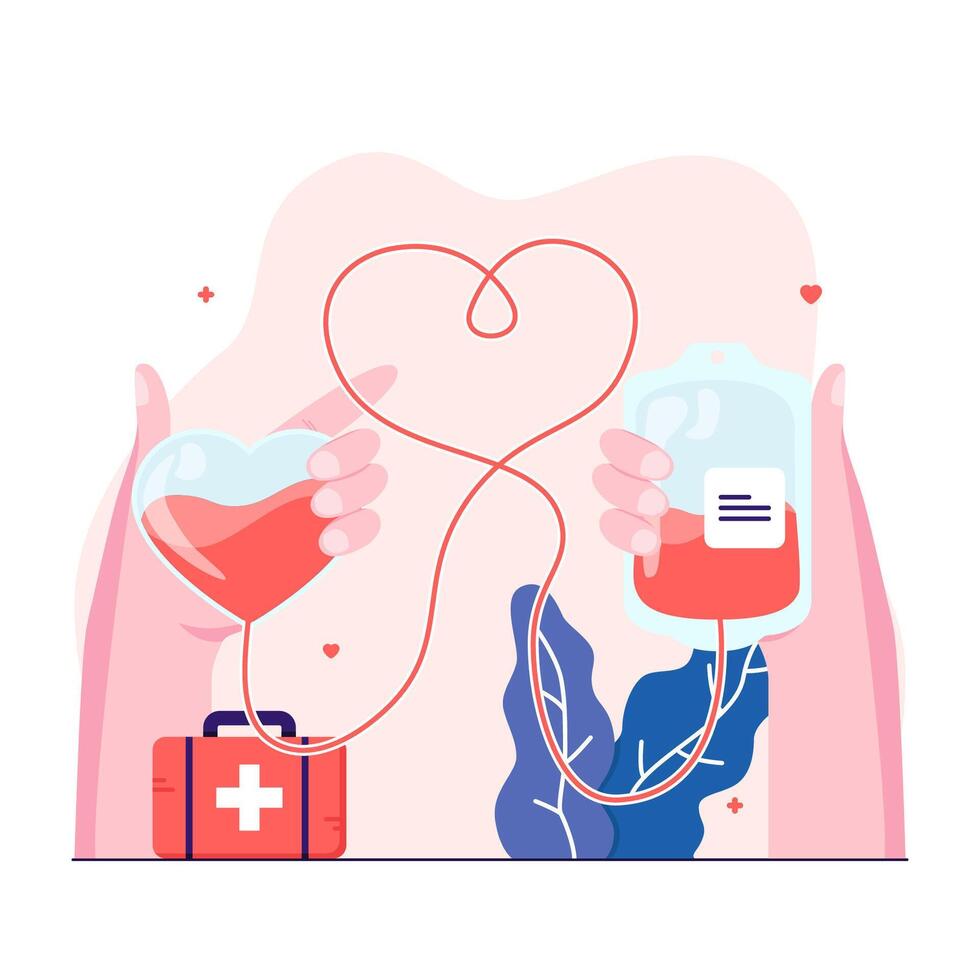 Hand holding blood bag transfers blood to the hand holding heart-shaped blood bag vector