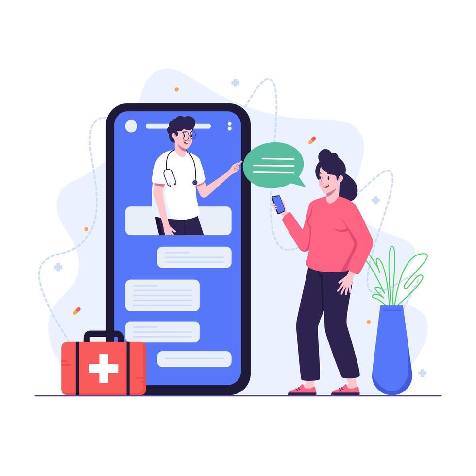 Woman Chatting With Doctor Using Mobile App vector
