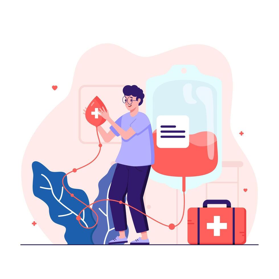 Man donating his blood to blood bag vector
