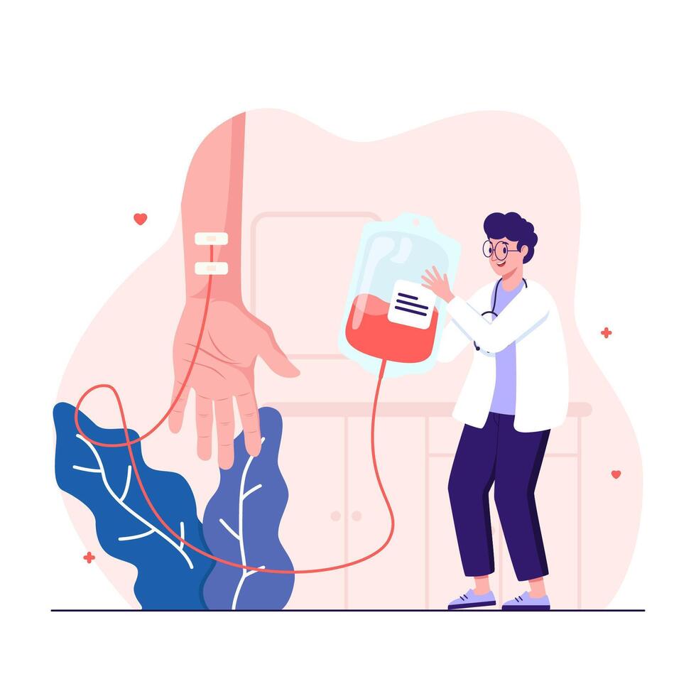 Doctor monitors blood transfusion from human hand into plastic container vector