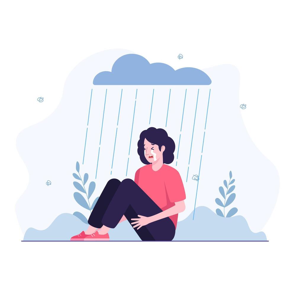 Woman in depression sitting in the rain vector