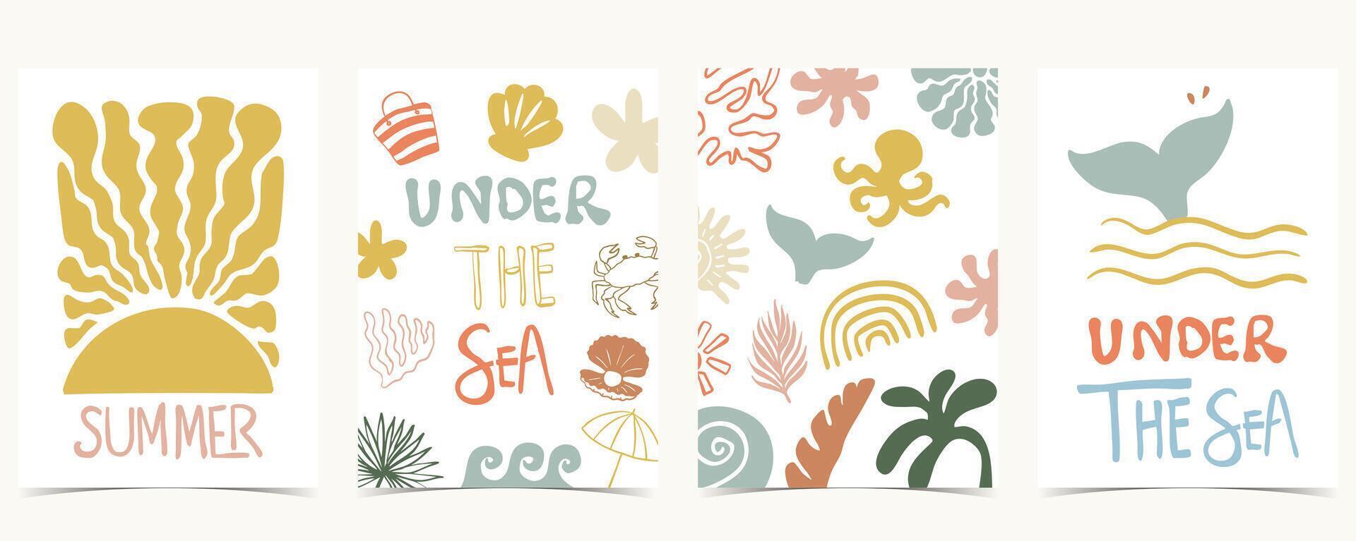Summer groovy background with shell,fish tail,sun. graphic for a4 vertical design vector