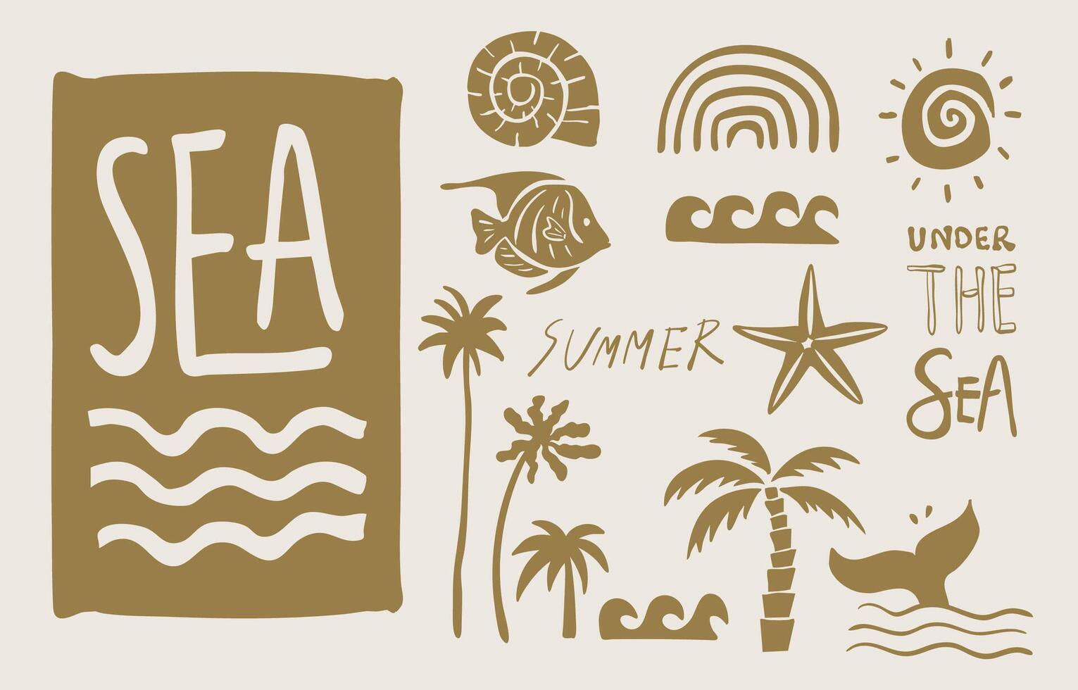 sea gold icon with shell,sea,wave,tree,fish tail for kid design vector