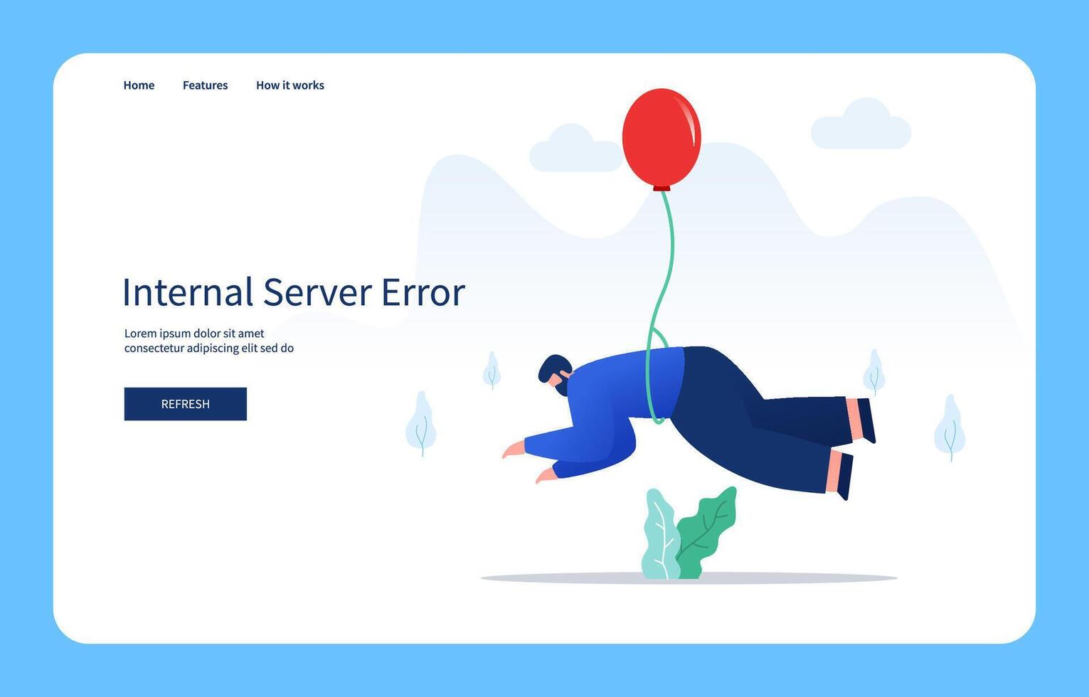 Modern Flat Design Concept, Man Flying By Balloon. Internal Server Error For Website And Mobile Site. Empty State vector