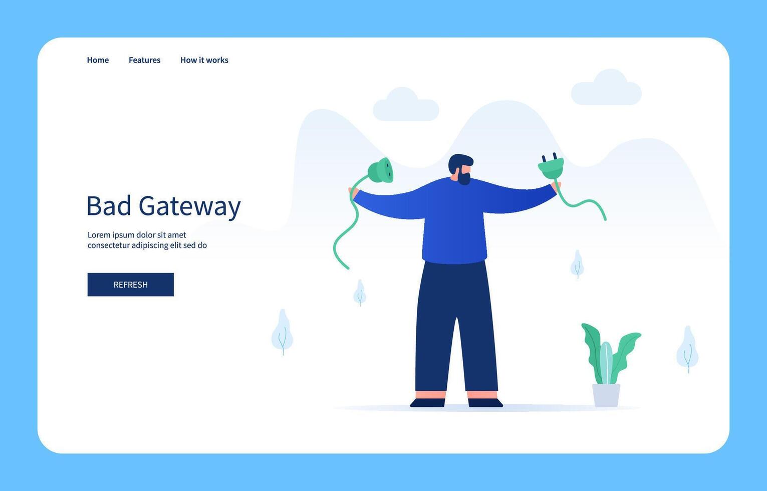 Man Holding Broken Cable. Bad Gateway For Website And Mobile Site. Empty State vector