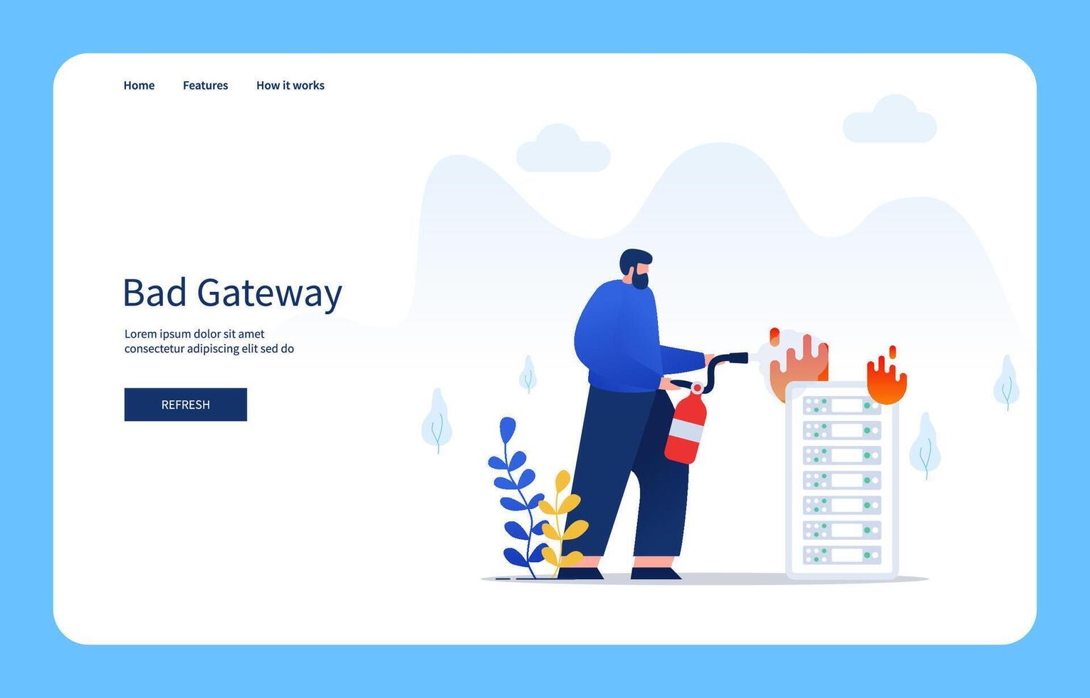 Modern Flat Design Concept Man Putting Out Fire On The Server Using Fire Extinguisher, Bad Gateway For Website And Mobile Site. Empty States vector
