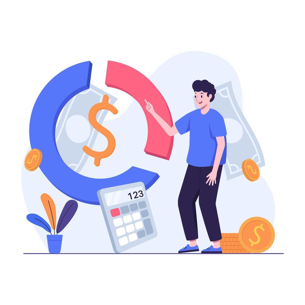 Man explaining financial doughnut chart calculations vector
