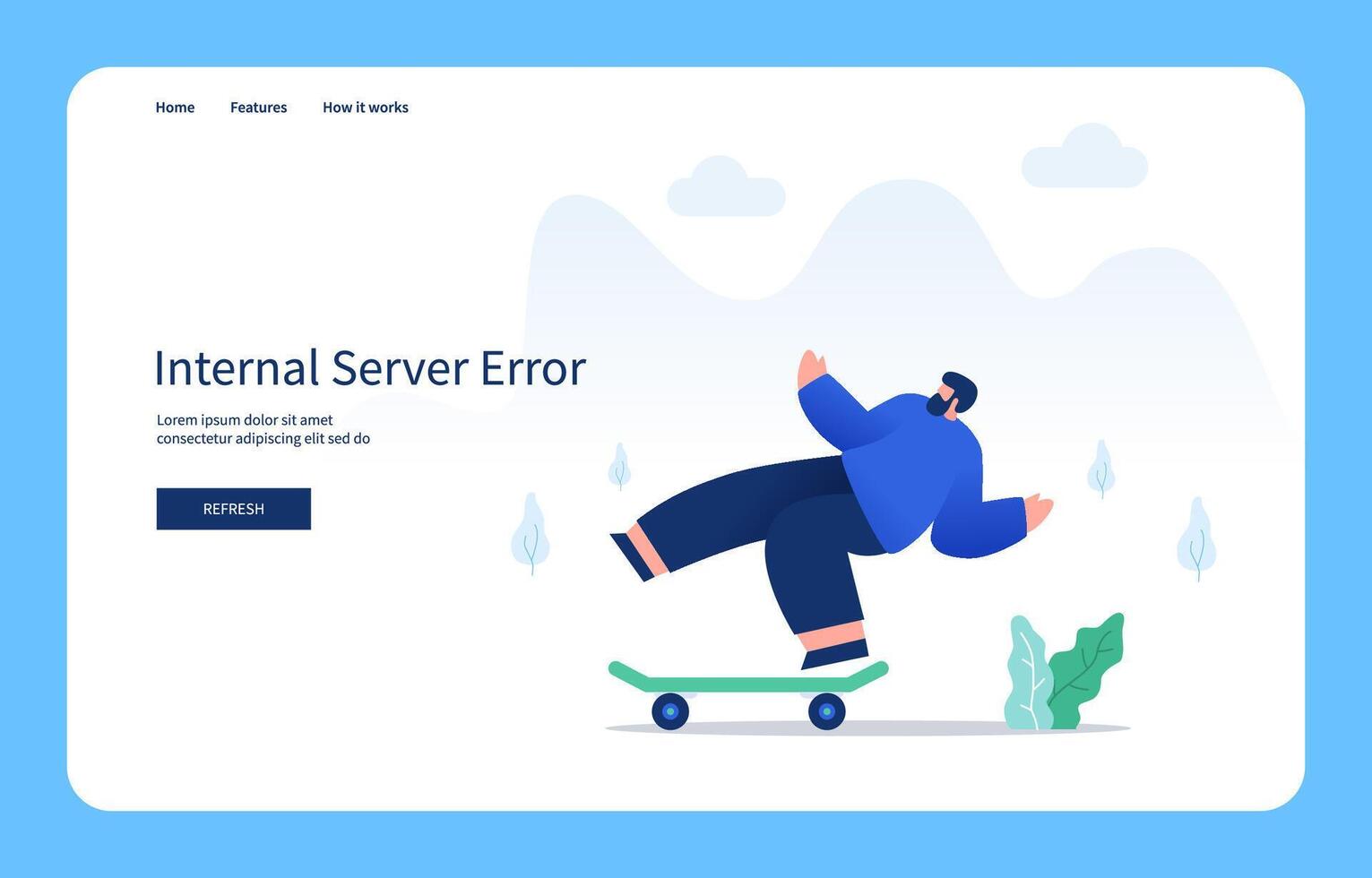 Modern Flat Design Concept, Man Falling Off Skateboard. Internal Server Error For Website And Mobile Site. Empty State vector