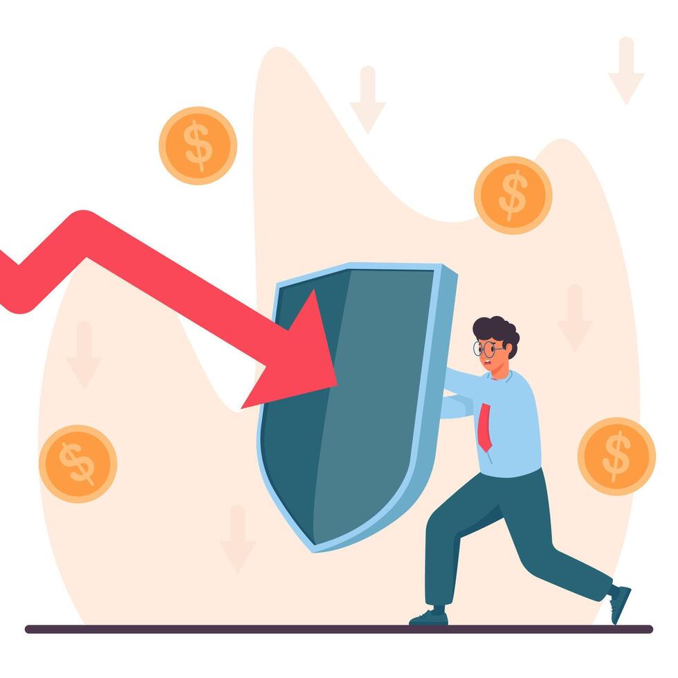 Businessman Holds Shield Defending From Loss Financial Crisis Economic Recession vector