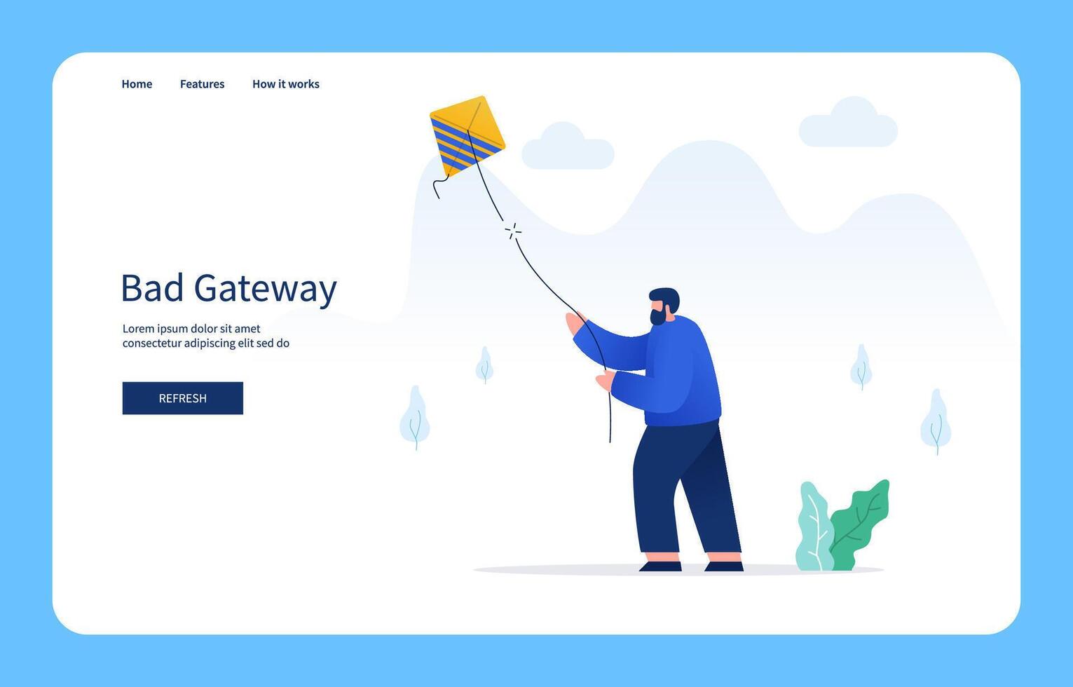 Modern Flat Design Concept, Man Playing Kite With Broken strings. Bad Gateway For Website And Mobile Site. Empty State vector