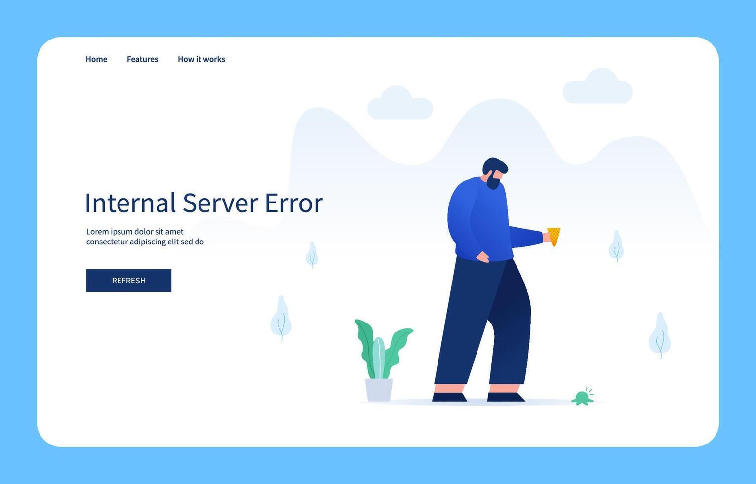 Man Holding Waffle Cone Looking At Falling Ice Cream. Internal Server Error For Websites And Mobile Sites. Empty State vector