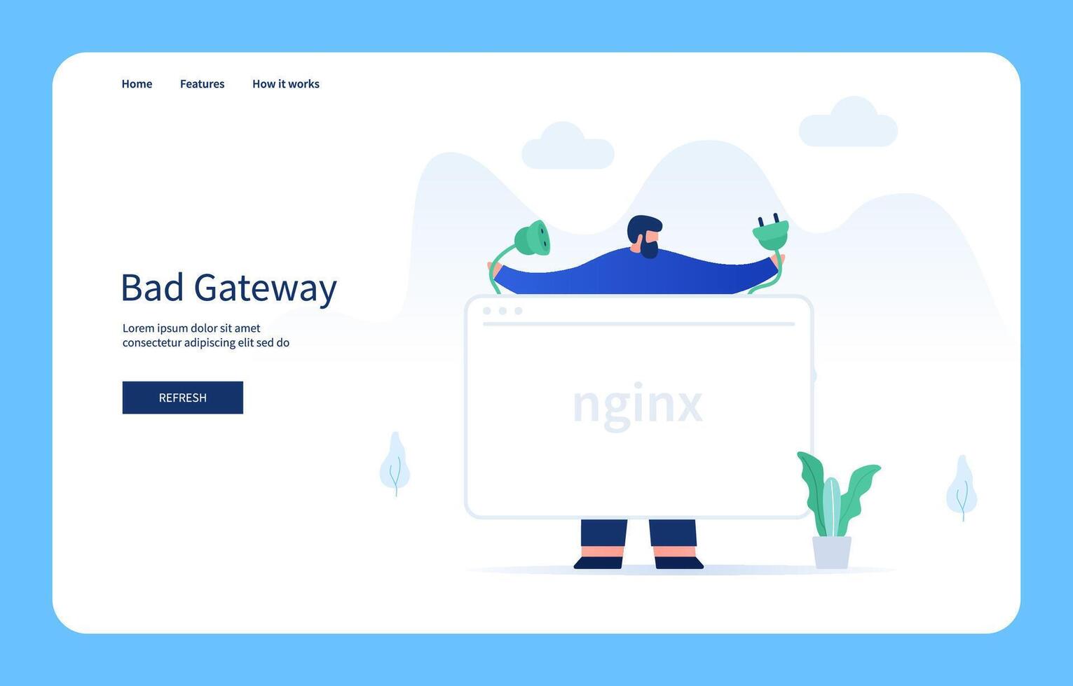 Man Holding Broken Cable Behind Screen. Bad Gateway For Website And Mobile Site. Empty State vector