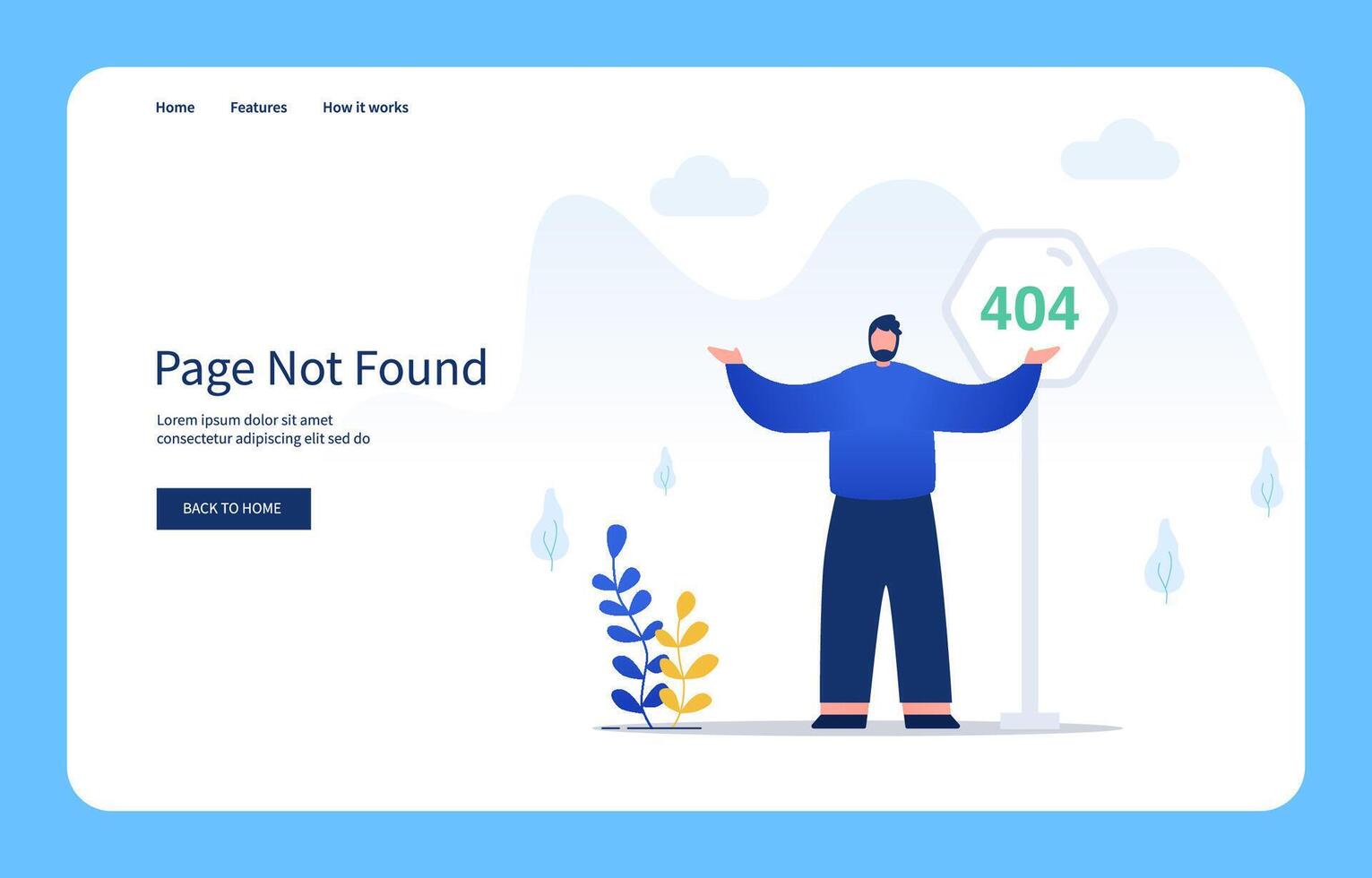 Modern Flat Design Concept Man With Confused Gestures Standing In Front Of 404 Sign, Page Not Found For Website And Mobile Site. Empty States vector