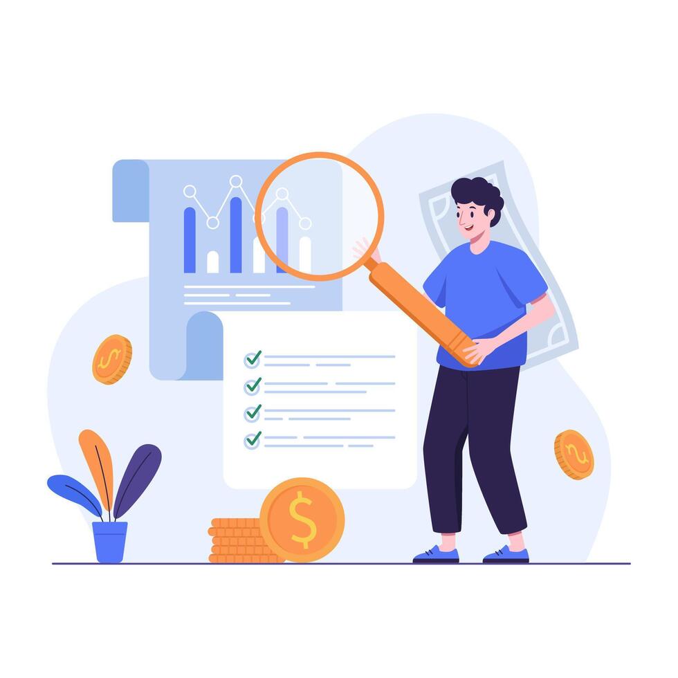 Man audit tax research analysis on financial report vector
