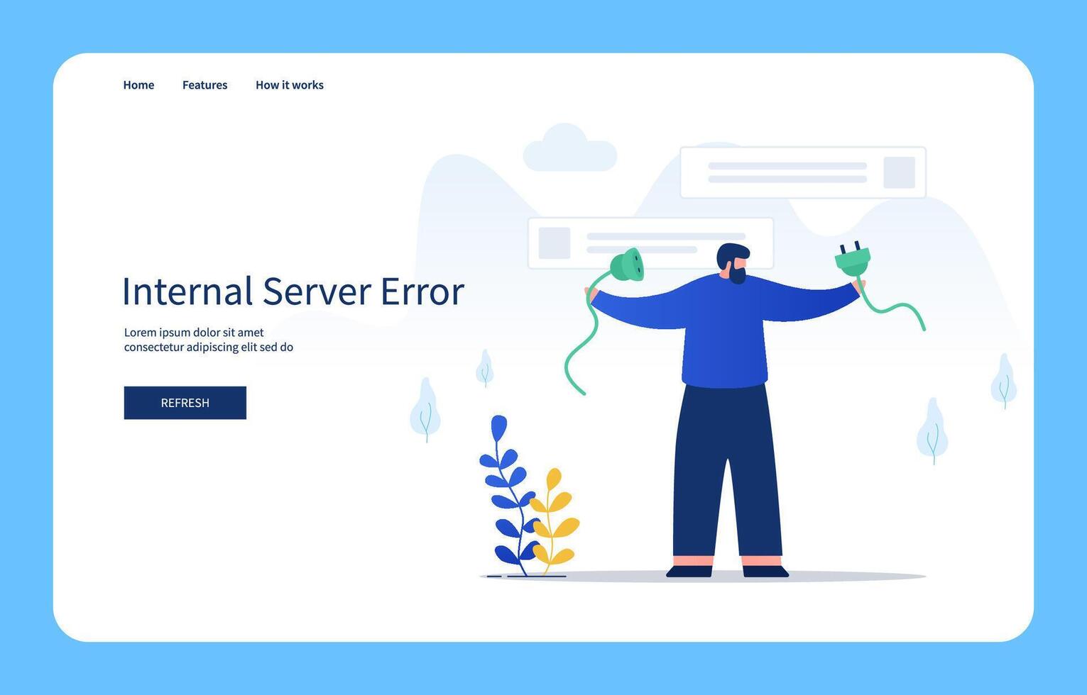 Modern Flat Design Concept Man Holding Broken Cable, Internal Server Error For Website And Mobile Site. Empty States vector