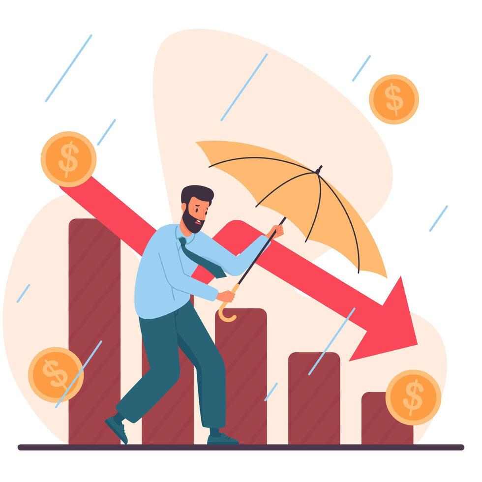 Businessman With Umbrella Go Against Storm Falling Market Chart Financial Crisis Economic Recession vector