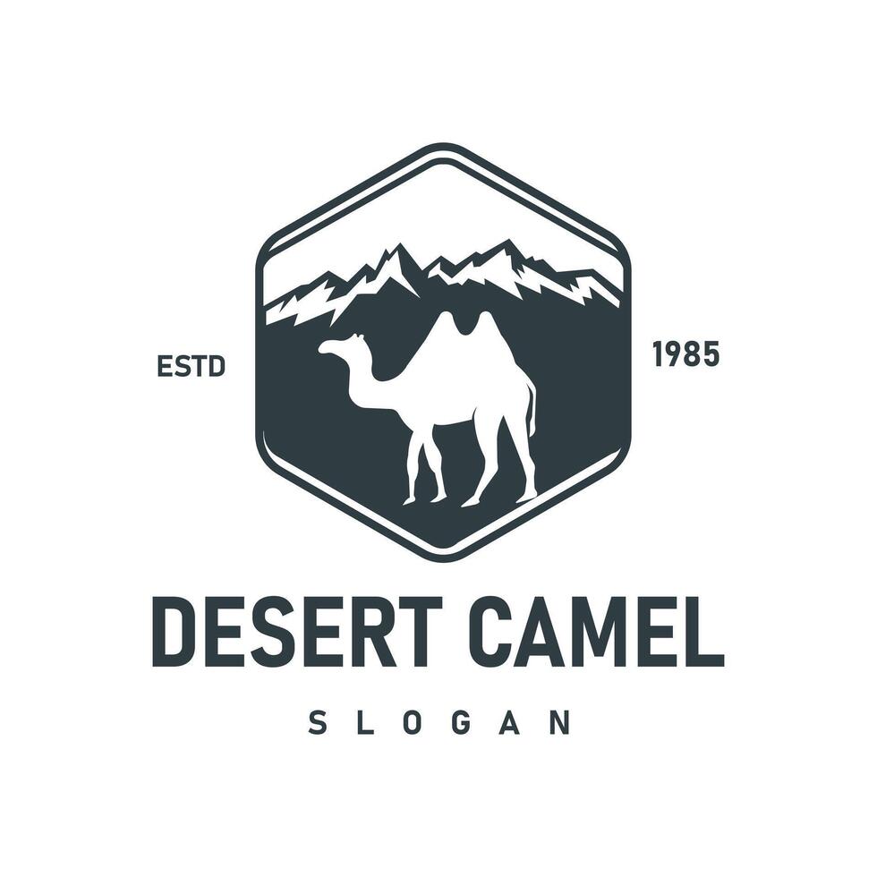 Desert Camel Logo Mountain Silhouette Hexagon Shape Perfect For Adventure, Desert Travel, or Middle Eastern Culture vector