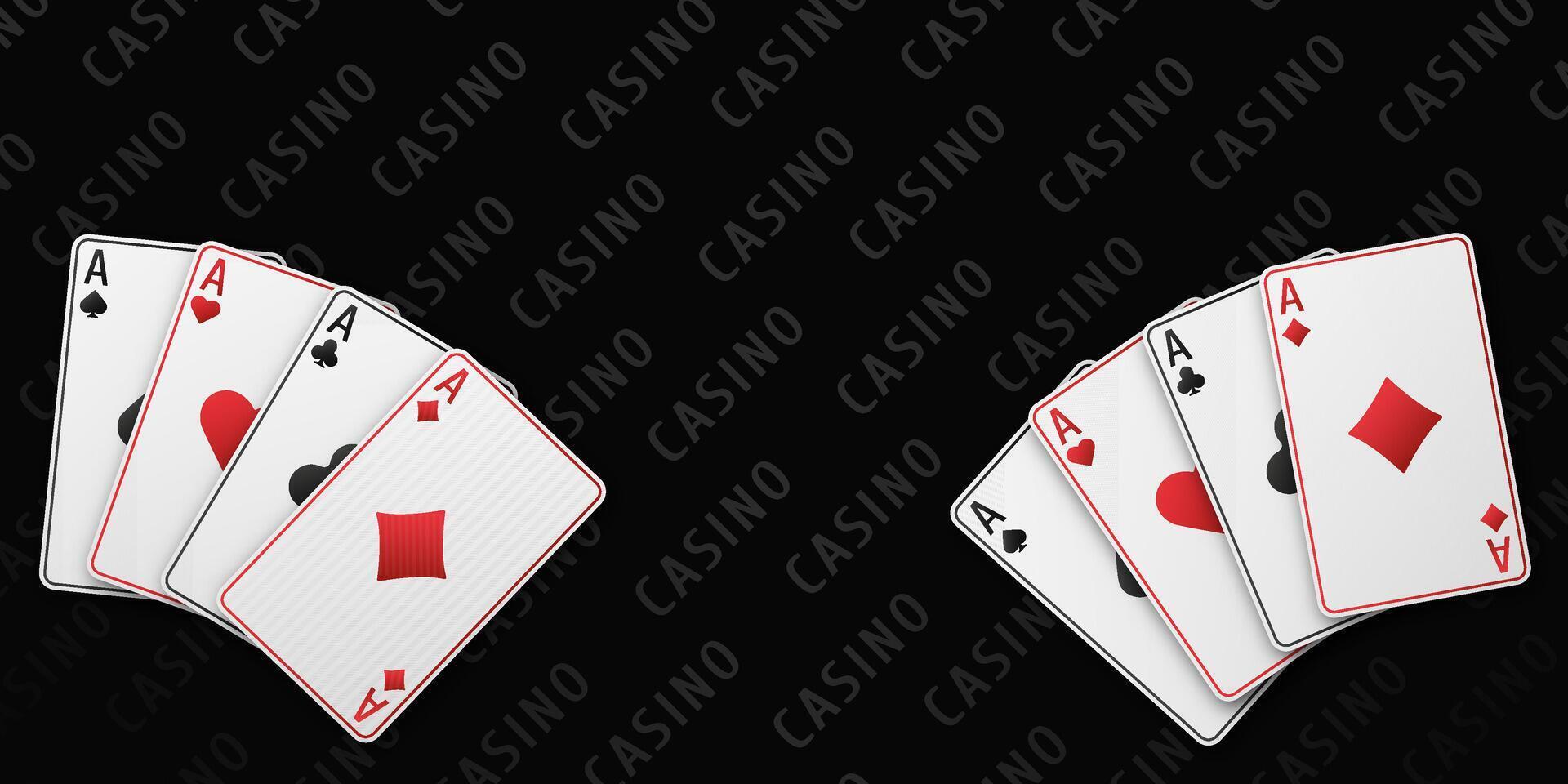 Two fans of playing cards on a black gaming table, featuring aces of hearts, clubs, diamonds, and spades. Professional casino poker concept for gambling promotions and card game designs. vector