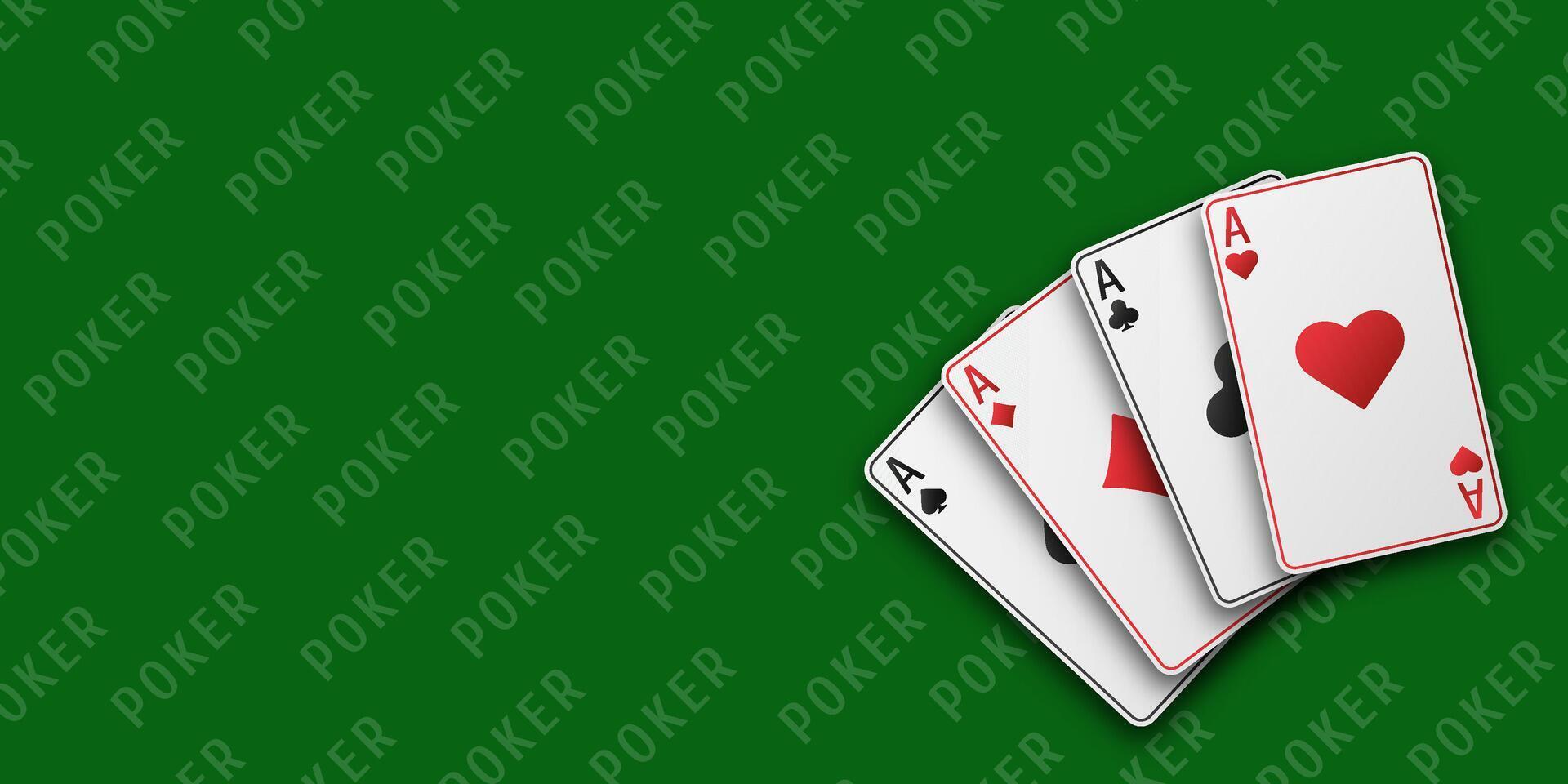 Poker and blackjack theme with hand holding fan of four aces spades, diamonds, clubs, hearts. Green playing table background. Casino, gambling, card game, luck, close up. vector