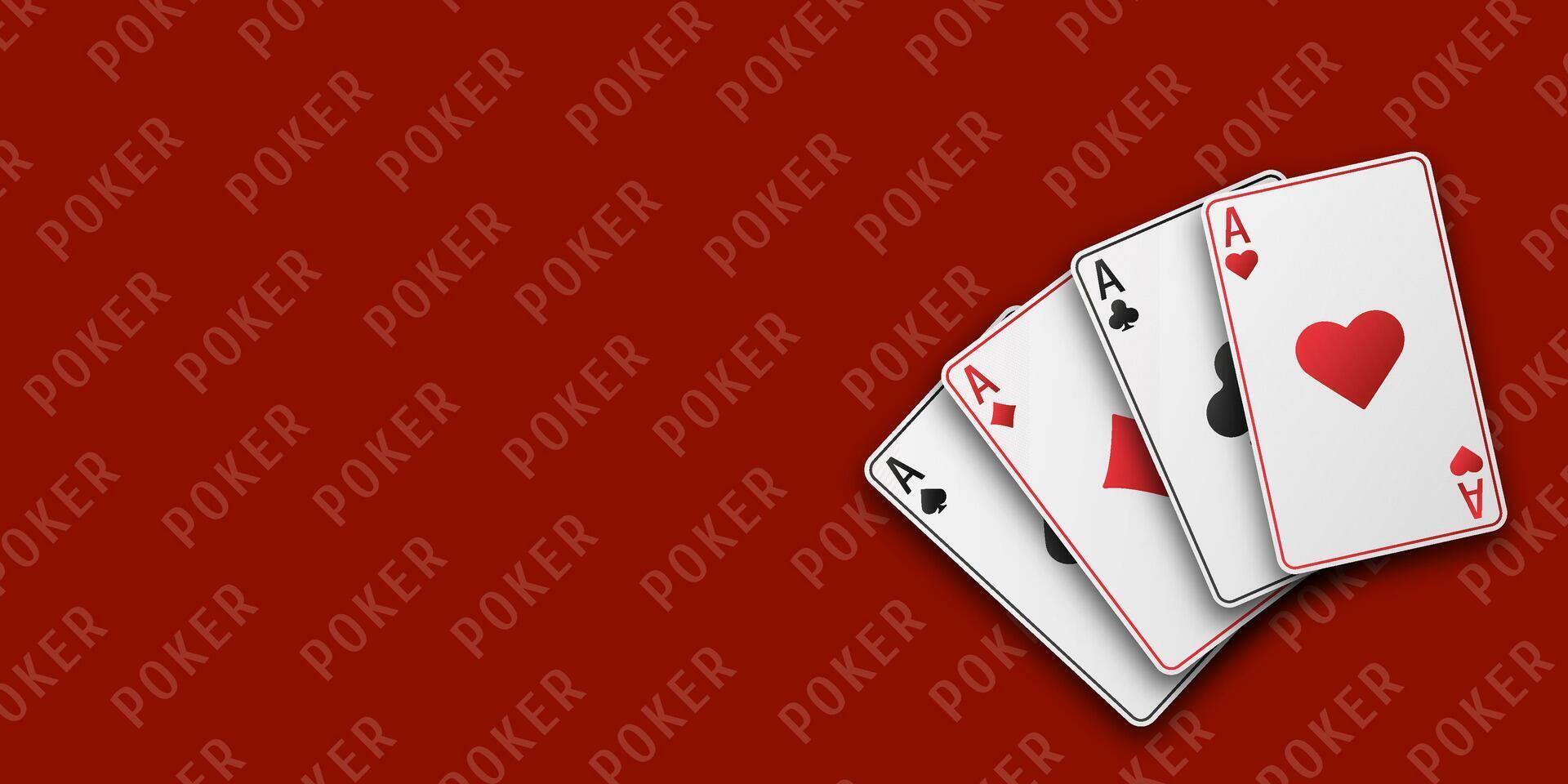 Hand displays four aces in playing cards fan. Suits of hearts, clubs, diamonds and spades. Red poker table, gambling concept, casino, strategy, luck, winning, close up scene. vector