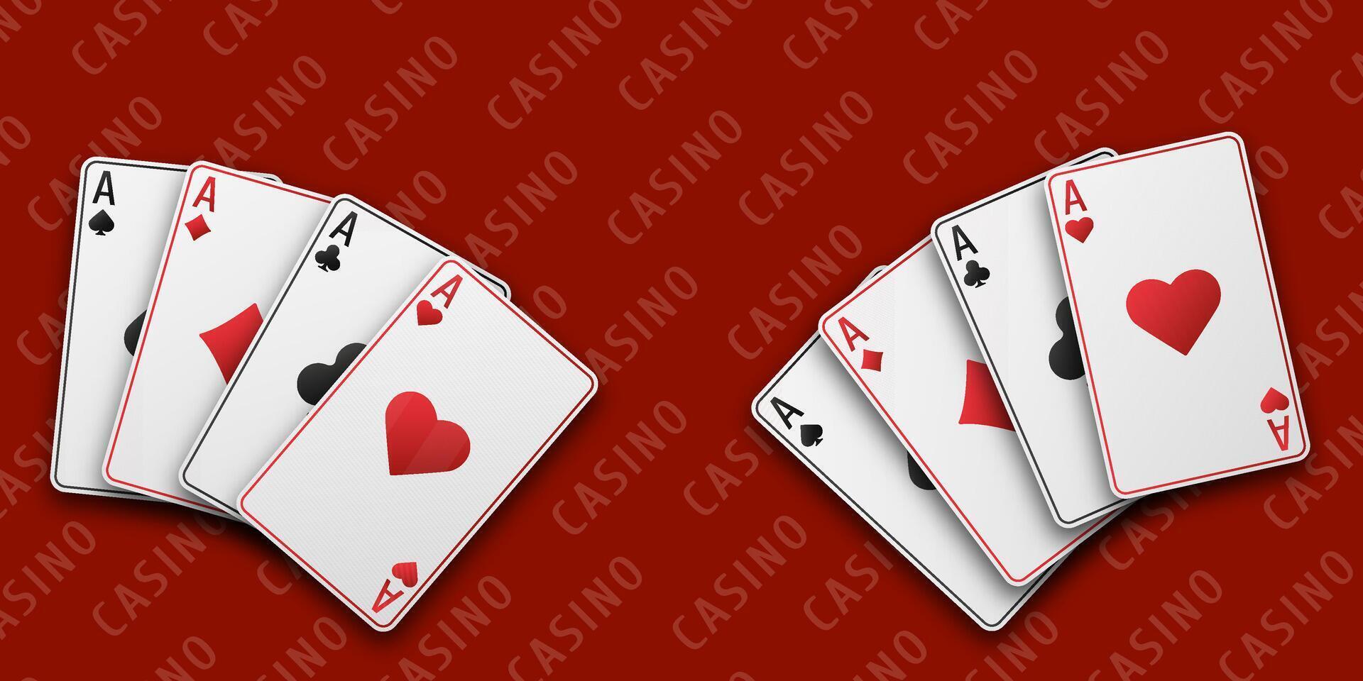 Hand holding aces with suits of hearts, clubs, diamonds and spades. Red poker table background. Casino, blackjack, card game, gambling concept, luck, close up, winning hand. vector