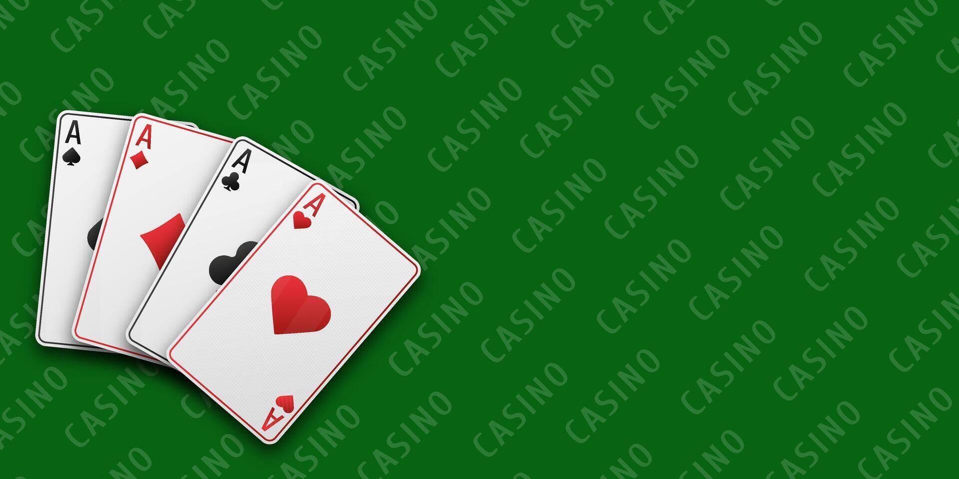 Hand displaying a fan of four aces spades, diamonds, clubs, hearts on green table. Blackjack, poker, casino game, gambling, luck, winning, strategy, card game. vector