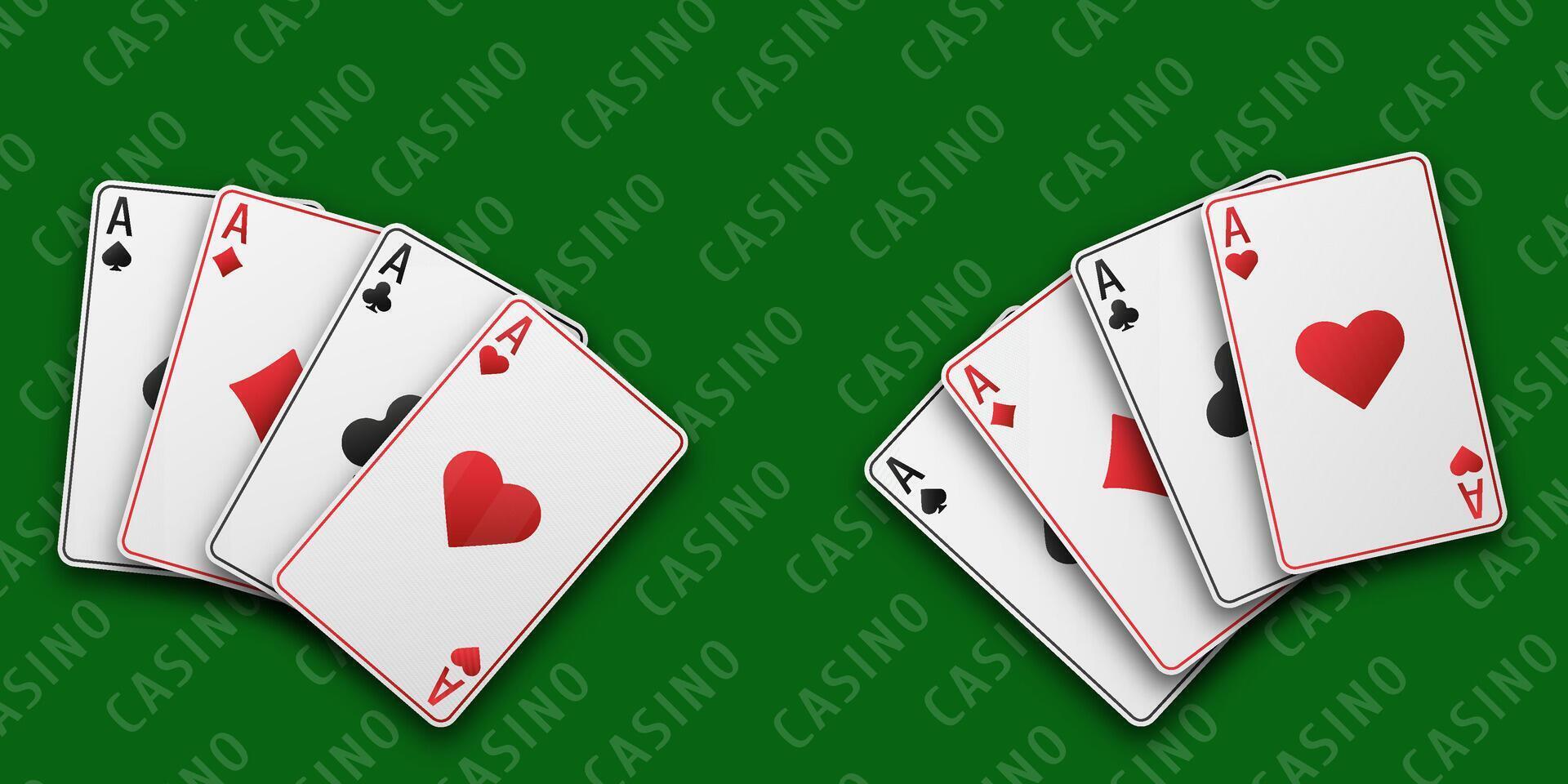 Aces of hearts, clubs, diamonds and spades shown in two card fans. Black playing table background. Casino, poker, blackjack, gambling theme. Close up, card game, winning. vector