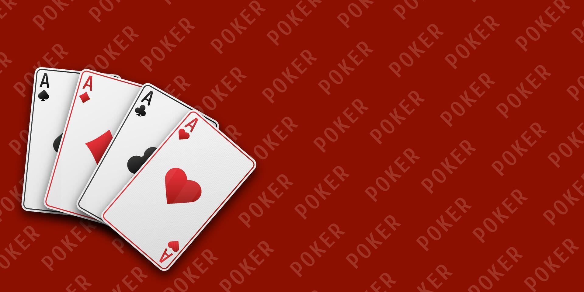 Poker theme with hand holding fan of playing cards. Four aces showing suits of hearts, clubs, diamonds, spades. Red table background, casino, gambling, card game, luck, close up. vector