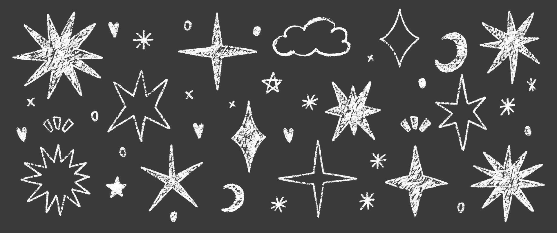 Set of crayon clouds, stars and moon. Sketch white kids crayon illustration isolated on black background. vector